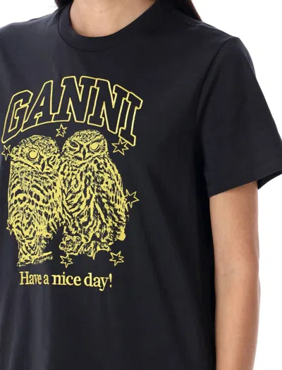 Ganni Basic Jersey Owls Relaxed T-shirt T-shirts Black In Black