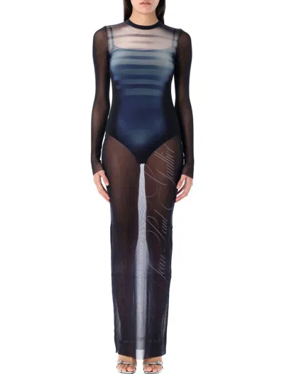 Jean Paul Gaultier Le Male Printed Mesh Long-sleeve Maxi Dress In Navy
