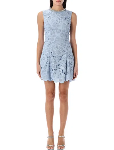Self-portrait Bue Crewneck Mini Dress With Rhinestoned Collar And All-over Floral Lace Embroidery In Tech Fabric W In Blue