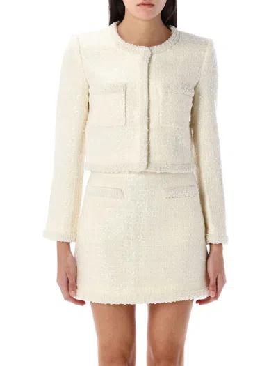 Self-portrait White Crewneck Jacket With Sequin And Faux-pearls Embellishments In Tech Fabric Woman In Beige