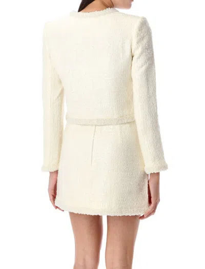 Self-portrait White Crewneck Jacket With Sequin And Faux-pearls Embellishments In Tech Fabric Woman In Beige