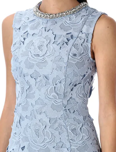 Self-portrait Bue Crewneck Mini Dress With Rhinestoned Collar And All-over Floral Lace Embroidery In Tech Fabric W In Blue