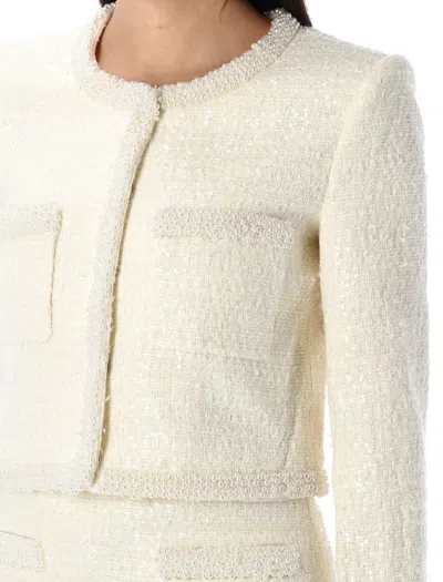 Self-portrait White Crewneck Jacket With Sequin And Faux-pearls Embellishments In Tech Fabric Woman In Beige