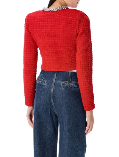 Self-portrait Waffle Knit Crystal Embellished Cardigan In Red