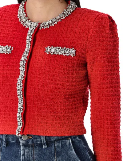 Self-portrait Waffle Knit Crystal Embellished Cardigan In Red