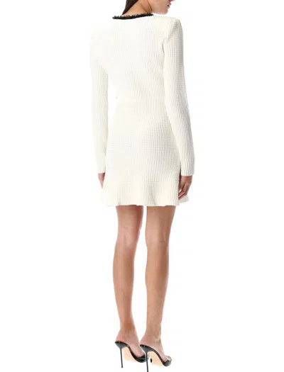 Self-portrait Textured White Dress With Beaded V-neckline In White