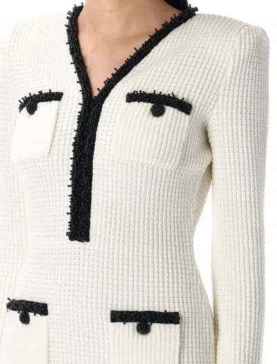 Self-portrait Textured White Dress With Beaded V-neckline In White
