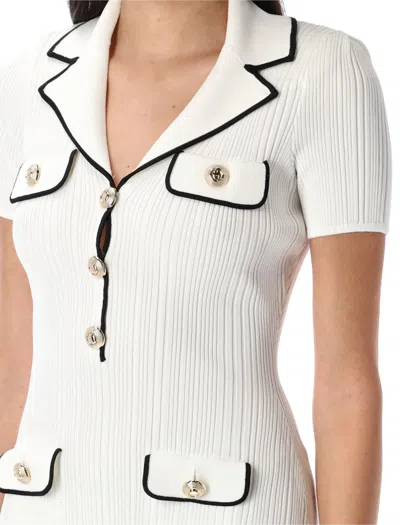 Self-portrait White Mini Dress With Notched Collar And Contrasting Trim In Viscose Blend Stretch Woman In White