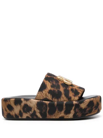Balenciaga Rise Bb Leopard Flatform Sandals In Brown