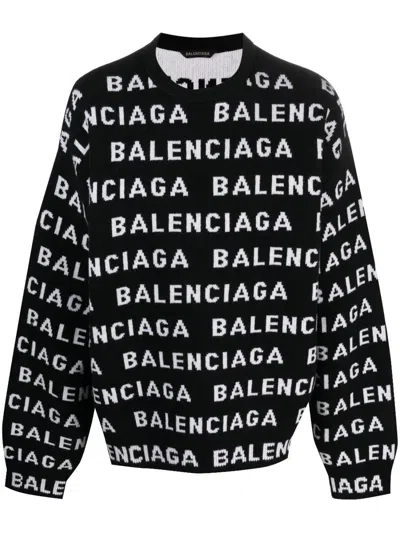 Balenciaga Logo All Over Print Pullover Sweater In Black