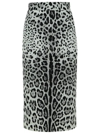 Dolce & Gabbana Leopard Print Charmeuse Longuette Skirt In Grey