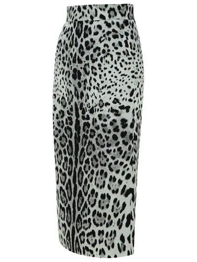 Dolce & Gabbana Leopard Print Charmeuse Longuette Skirt In Grey