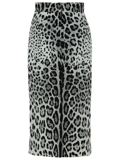 Dolce & Gabbana Leopard Print Charmeuse Longuette Skirt In Grey