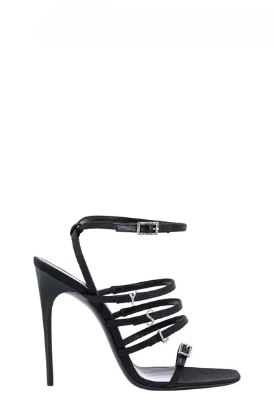 Saint Laurent Jerry Logo-embellished Leather-trimmed Satin Sandals In Black