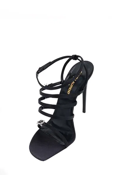 Saint Laurent Jerry Logo-embellished Leather-trimmed Satin Sandals In Black