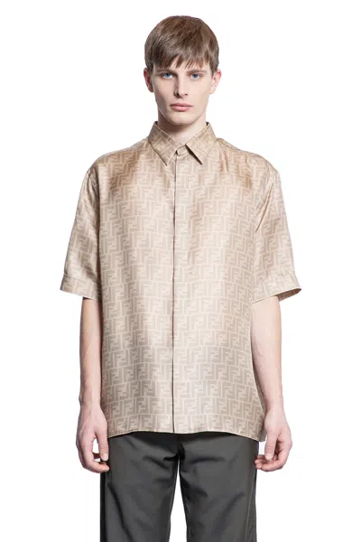 Fendi Camicia Di Seta Ff In Beige