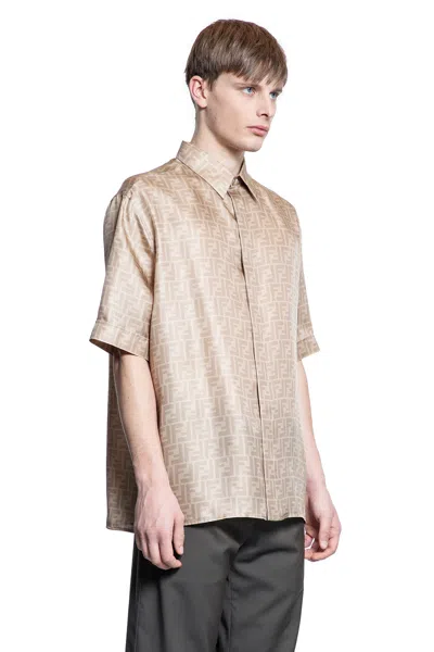 Fendi Camicia Di Seta Ff In Beige