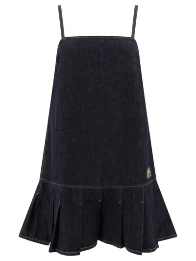 Ganni Dark Blue Denim Mini Dress In Black
