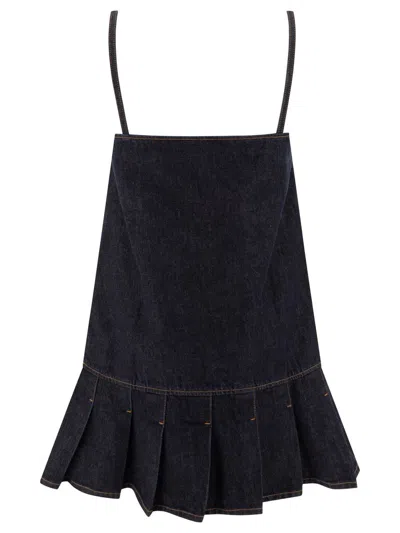 Ganni Dark Blue Denim Mini Dress In Black