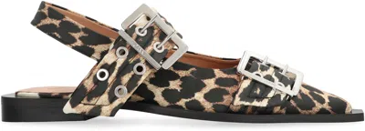 Ganni Multicolor Ballet Shoes With Double Buckle And All-over Leopard Print In Tech Fabric Woman In Black