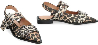 Ganni Multicolor Ballet Shoes With Double Buckle And All-over Leopard Print In Tech Fabric Woman In Black