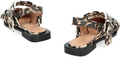 Ganni Multicolor Ballet Shoes With Double Buckle And All-over Leopard Print In Tech Fabric Woman In Black