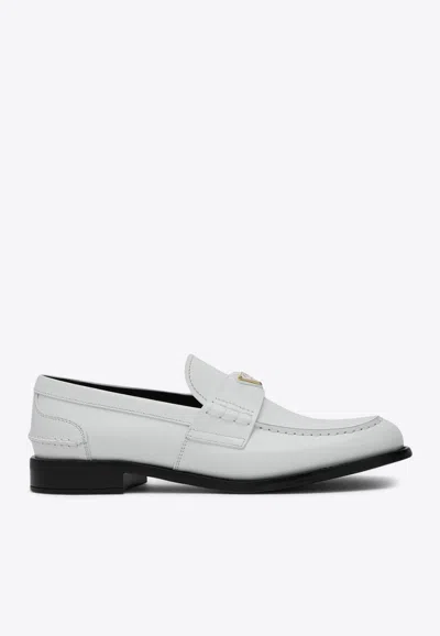 Prada Calf Leather White Loafers With Logo Embellishment In White