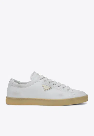 Prada Mens White Triangle-plaque Vintage-effect Leather Low-top Trainers In White