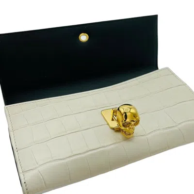 Alexander Mcqueen Off White Croc-embossed Leather Skull Wallet In Off White