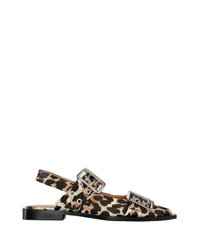 Ganni Multicolor Ballet Shoes With Double Buckle And All-over Leopard Print In Tech Fabric Woman In Brown