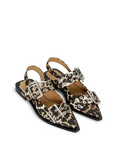 Ganni Multicolor Ballet Shoes With Double Buckle And All-over Leopard Print In Tech Fabric Woman In Brown