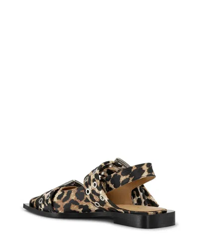 Ganni Multicolor Ballet Shoes With Double Buckle And All-over Leopard Print In Tech Fabric Woman In Brown