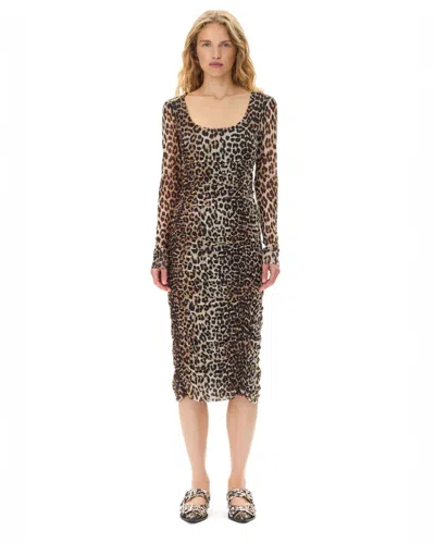 Ganni Multicolor Ballet Shoes With Double Buckle And All-over Leopard Print In Tech Fabric Woman In Brown