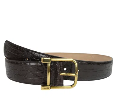 Gucci Women's Gold Square Buckle Dark Brown Crocodile Belt (105 / 42) In Dark Brown