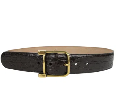 Gucci Women's Gold Square Buckle Dark Brown Crocodile Belt (105 / 42) In Dark Brown
