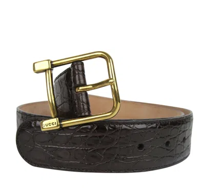 Gucci Women's Gold Square Buckle Dark Brown Crocodile Belt (105 / 42) In Dark Brown