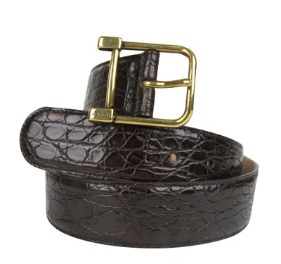 Gucci Women's Gold Square Buckle Dark Brown Crocodile Belt (105 / 42) In Dark Brown