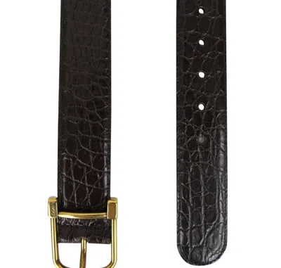 Gucci Women's Gold Square Buckle Dark Brown Crocodile Belt (105 / 42) In Dark Brown