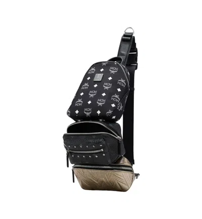 Mcm Black Nylon Visetos Leather Trey 4-in-1 Sling Belt Bag In Black/gold