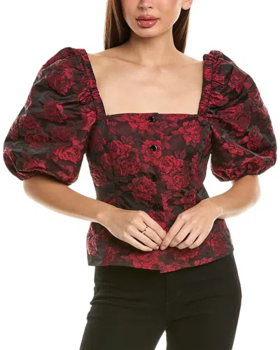 Ganni Botanical-print Short Puff-sleeve Cropped Top In Red