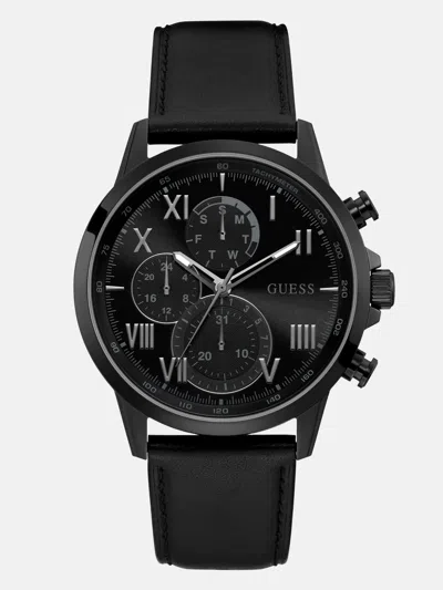 Guess Factory Black Leather Multifunction Watch In Black