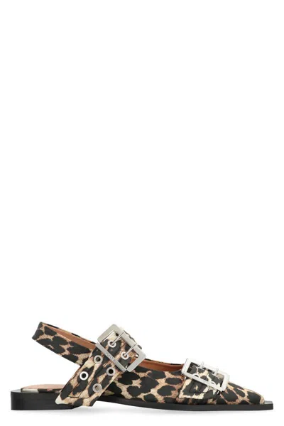 Ganni Multicolor Ballet Shoes With Double Buckle And All-over Leopard Print In Tech Fabric Woman In Black
