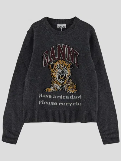 Ganni Jersey With Logo Embroidery And Tiger In Grayquill