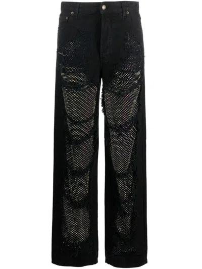Darkpark Crystal-stitched Holey Wide-leg Pants In Black