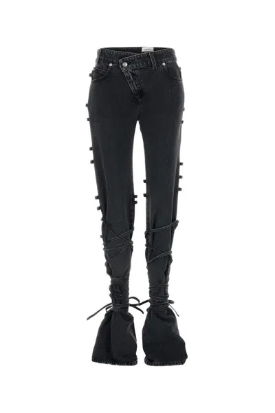 Alexander Mcqueen Flared Jeans With Unique Lace-up Detailing And High-quality Cotton Fabric In Blackstonewashed