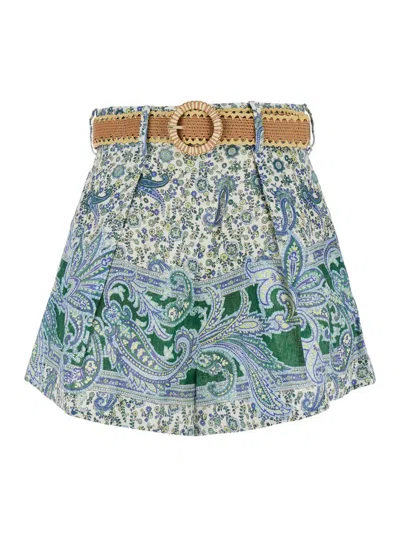 Zimmermann Ottie Belted Pleated Printed Linen Shorts In Multicolor