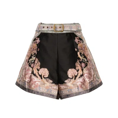 Zimmermann Illustration Belted Pleated Printed Silk And Cotton-blend Twill Shorts In Black