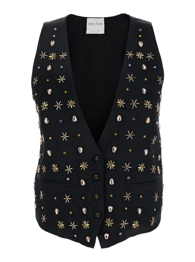 Forte Forte 'the Stars Of Bali' Black Sleeveless Vest With Beaded Embellishments On The Front In Viscose Woman In Black