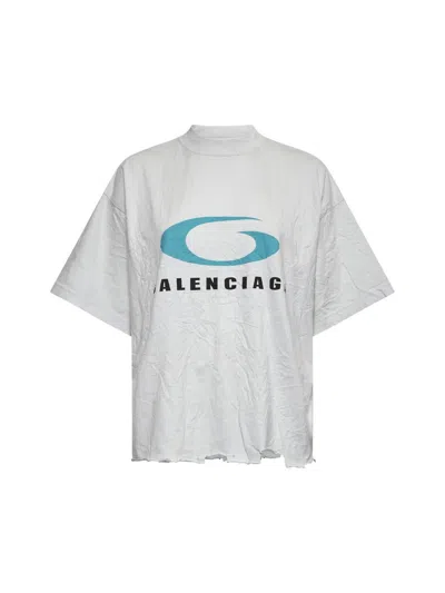Balenciaga Icon Print Cropped Cotton T-shirt In Dirty White/blue