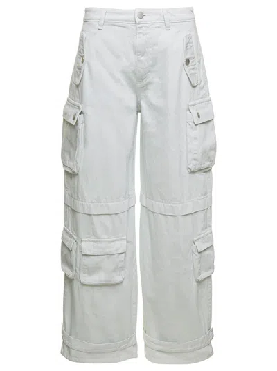 Icon Denim Rosalia White Low Waisted Cargo Jeans With Patch Pockets In Cotton Denim Woman In White